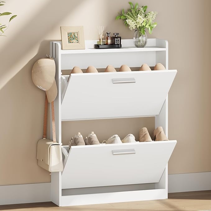 Shoe Cabinet Organizer with 2 Flip Drawers，Freestanding Shoe Rack Cabinet，Narrow Shoe Cabinet Storage for entryway，Foyer, Hallway, White, 23.6" W × 6.3" D × 33.1" H