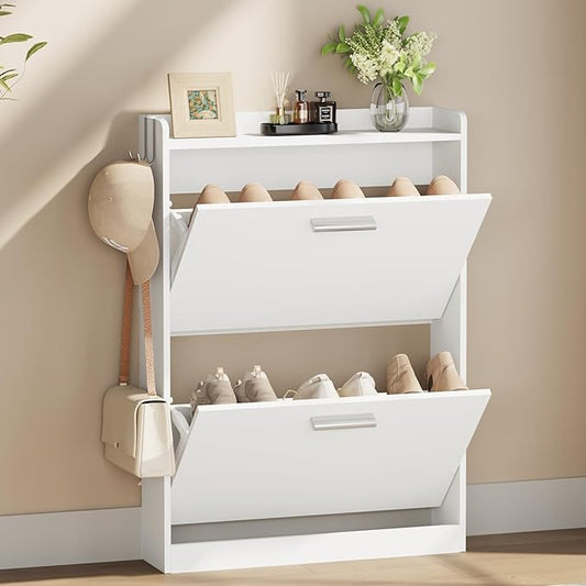 Shoe Cabinet Organizer with 2 Flip Drawers，Freestanding Shoe Rack Cabinet，Narrow Shoe Cabinet Storage for entryway，Foyer, Hallway, White, 23.6" W × 6.3" D × 33.1" H