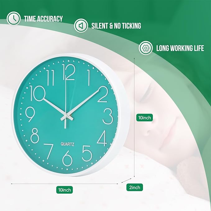 Wall Clock 10 Inch Non-Ticking Silent Modern Simple Style Round Decor Clock Turquoise Stereoscopic Dial Quartz Wall Clocks for Home/Office/School/Living Room/Bedroom/Kitchen
