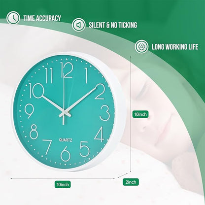 Wall Clock 10 Inch Non-Ticking Silent Modern Simple Style Round Decor Clock Turquoise Stereoscopic Dial Quartz Wall Clocks for Home/Office/School/Living Room/Bedroom/Kitchen