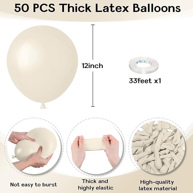 Sand White Balloons 12 Inch, 50Pcs Beige Matte Retro Off White Cream Latex Helium Balloons for Birthday Wedding Baby Shower Anniversary Party Decoration