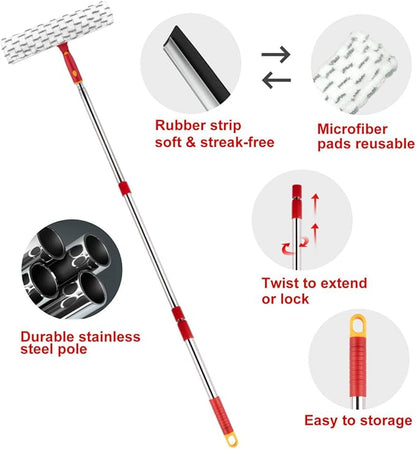 ITTAHO Squeegee for Window Cleaning, 12" Squeegee and 11" Microfiber Scrubber Combi with Stainless Steel Pole, Extendable Window Cleaner for Car, Sliding Door, Shower Glass Door-Swivel Style-2 Pads