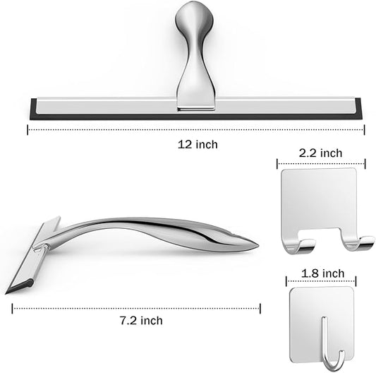 All-Purpose Stainless Steel Shower Squeegee for Shower Doors with 2 Adhesive Hooks, Bathroom Cleaner Tool Household Window Mirror Squeegee for Home Cleaning, Glass Door, Tile Wall, Car, 12 Inch Silver