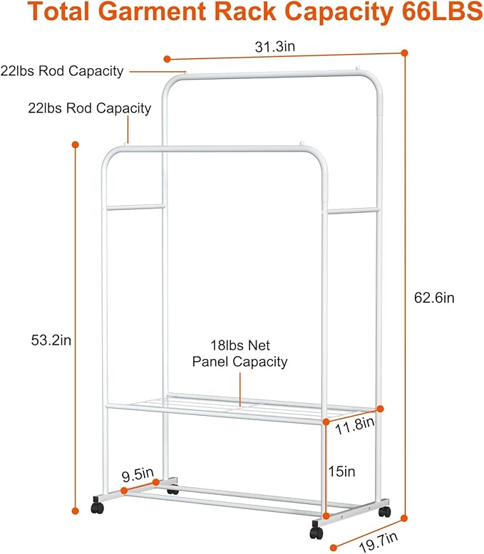 Double Rods Clothes Rack, Rolling Clothing Rack for Hanging Clothes, Sturdy Metal Wardrobe Rack Garment Rack, Closet Organizer with Storage Shelf for Clothes Shoes Organization (White)