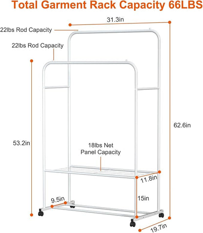 Double Rods Clothes Rack, Rolling Clothing Rack for Hanging Clothes, Sturdy Metal Wardrobe Rack Garment Rack, Closet Organizer with Storage Shelf for Clothes Shoes Organization (White)