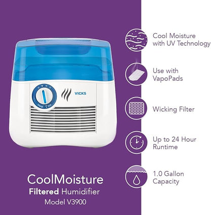 Vicks Cool Mist Humidifier with UV light. Evaporative Humidifier auto-adjusts to room humidity without over humidification. For Kids Bedrooms, Baby Rooms, and More. Use with Vicks VapoPads.