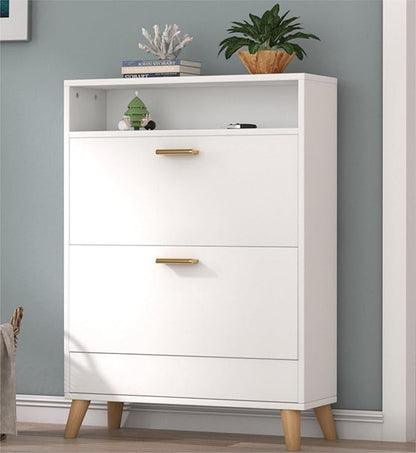 Shoe Storage Cabinets, Free Standing Shoe Organizer with 2 Flip Drawers for Entryway, Narrow 3 Tier Entryway Hidden Shoe Rack with Doors (Off White)