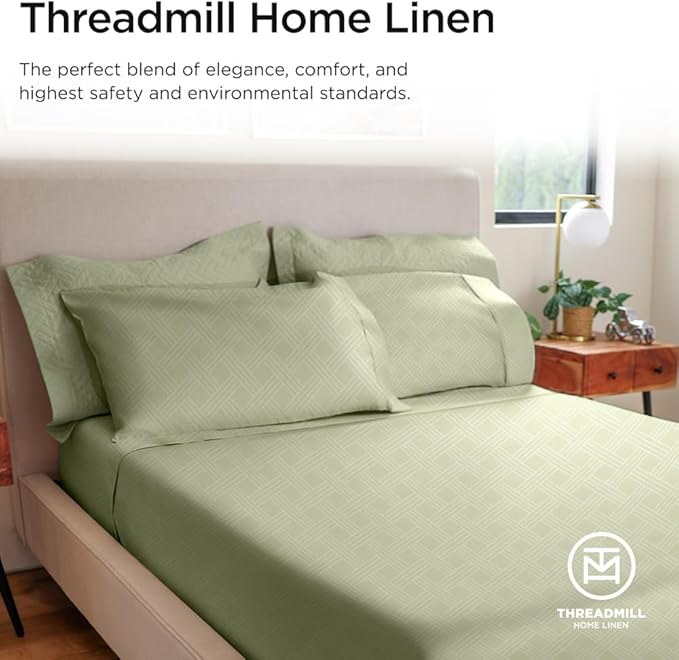 Threadmill Queen Sheet Set for Queen Mattresses | 800 Thread Count Jacquard Celine Sage Green | Better Than Egyptian Cotton | 4 Pc Bed Sheets | Elasticized Deep Pocket | 100% Cotton Sheets