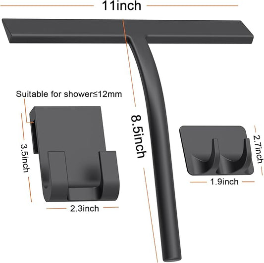 All -Purpose Silicone Shower Squeegee for Shower Glass Door with Hook, Bathroom Accessories for Window Mirror Tile Car Shower Walls,Household Shower Cleaner Tool (Black, 11inch)