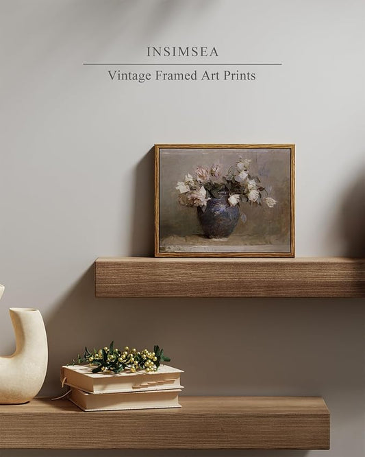 InSimSea Framed Canvas Print , Roses in Vase Classical Oil Paintings for Wall Decorations Canvas wall art for Bedroom Living Room Bathroom Decor ,Farmhouse Decor 8x10in