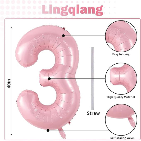 Pastel Pink Number 3 Balloon, 40 Inch Giant Pearl Light Pink Helium Foil Number 0-9 for Girls, Self Inflating 3rd Birthday Balloon for Women Anniversary Baby Shower Princess Party Decorations Supplies