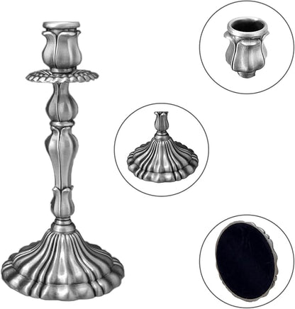Taper Candle Holders, Vintage Embossed Candlesticks with Sleek Electroplated Finish, Modern Decorative Candle Holders for Dining Table, Party, Home Decor, Set of 2 (Antique Pewter)