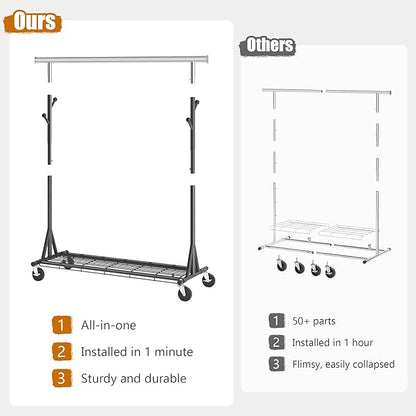 Heavy Duty Clothes Rack Load 530 LBS Metal Garment Clothing Rack Hang 200 pieces of clothing on Wheels Collapsible Rolling Portable & Adjustable with Hook for Hanging Clothes Black