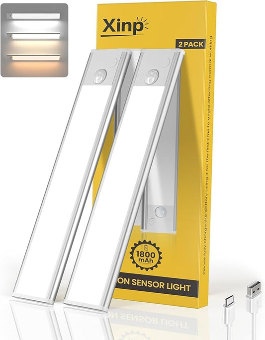 Under Cabinet Lighting, 3 Color Magnetic Motion Activated Under Cabinet Lights, Rechargeable Closet Lights 1800mAh Battery Operated, Wireless Dimmable Under Counter Lights for Kitchen,Hallway 2 Pack