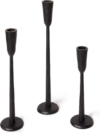 Cast Iron Taper Candle Holder Set of 3, Vintage Candlestick Holders Decorative Candle Stand, Tapered Candle Holders Tall Set for Wedding, Holiday, Home Decor, Christmas Decoration (Black)