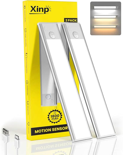Under Cabinet Lighting, 3 Color Magnetic Motion Activated Under Cabinet Lights, Rechargeable Closet Lights 1800mAh Battery Operated, Wireless Dimmable Under Counter Lights for Kitchen,Hallway 2 Pack