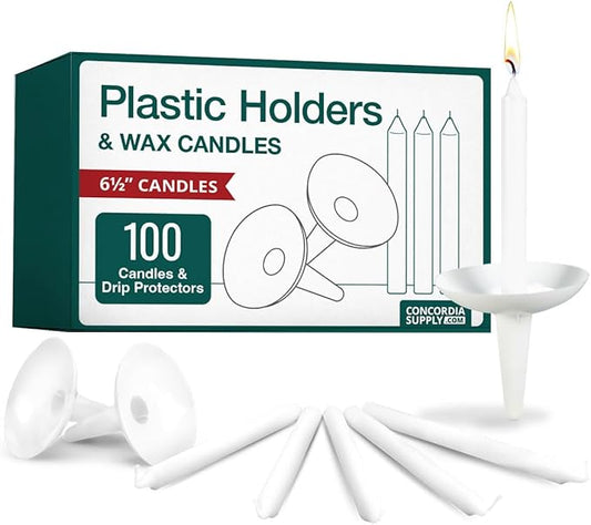 Concordia Supply 6.5" Candlelight Service Vigil Candles with Plastic Candle Holders (Set of 100) - Convenient for Memorial Candles, Congregational Candles, Christmas Eve Candles, Shabbat Candles