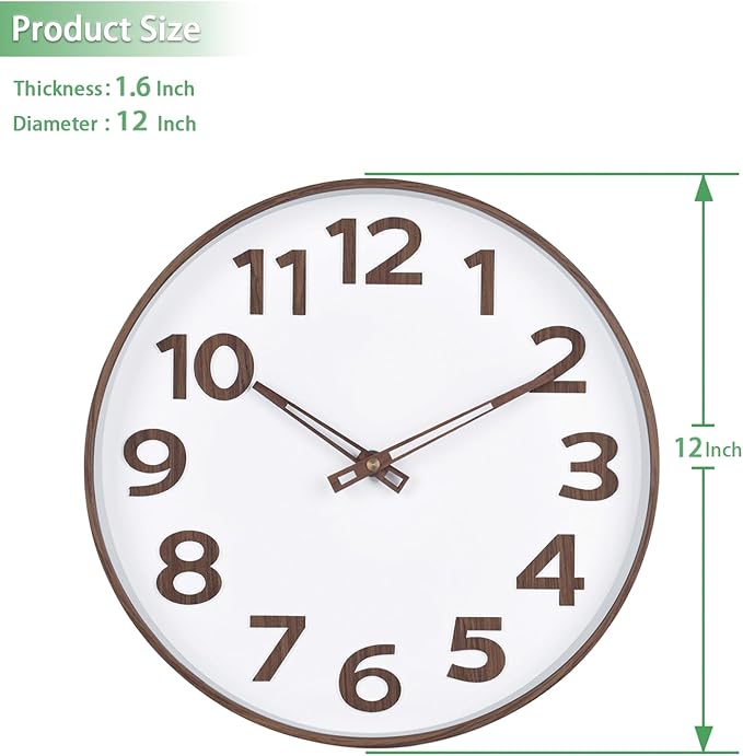 45MinST 12-Inch Modern Faux Wall Clock, Large Numbers, Silent Non-Ticking, Real Wood Hands, Accurate Timekeeping, Decorative Accent for Home or Office(Wood Color)