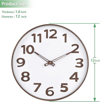 45MinST 12-Inch Modern Faux Wall Clock, Large Numbers, Silent Non-Ticking, Real Wood Hands, Accurate Timekeeping, Decorative Accent for Home or Office(Wood Color)