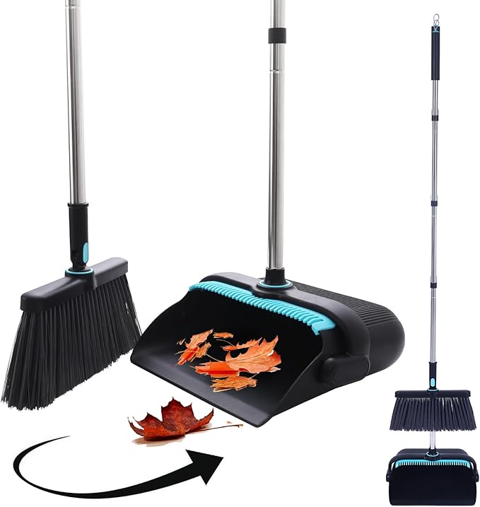 Upgrade Broom with Dustpan Combo Set Heavy Duty, Ergonomic Adjustable Handle, Cleaning Teeth, Ideal for Pets, Indoor and Outdoor Sweeping（Black）