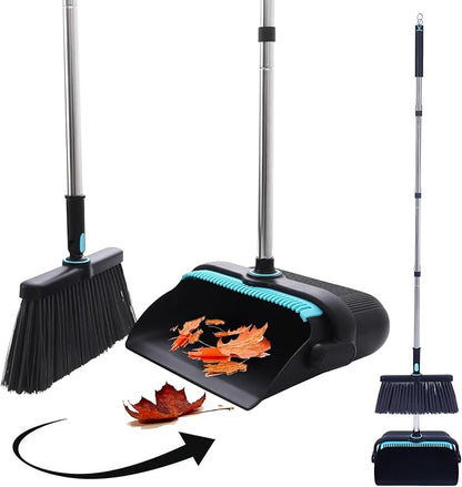 Upgrade Broom with Dustpan Combo Set Heavy Duty, Ergonomic Adjustable Handle, Cleaning Teeth, Ideal for Pets, Indoor and Outdoor Sweeping（Black）
