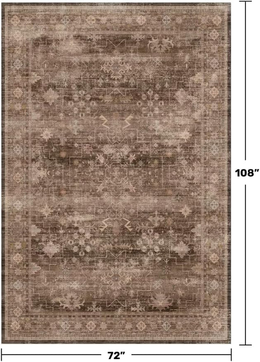 Taupe Brown Living Room Rug 6x9 - Vintage Traditional Eclectic Unique Neutral, Washable Low Pile Non-Slip Large Area Rugs for Dining Under Table Bedroom Lounge