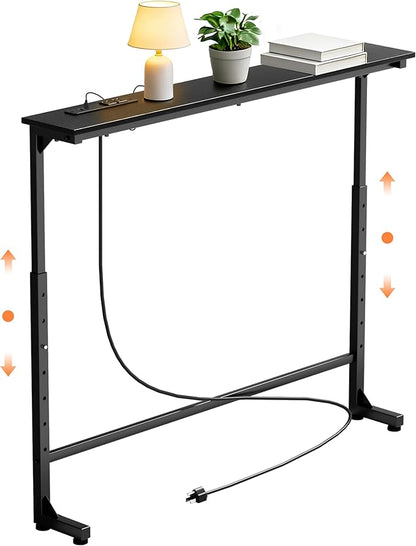 GRLEAF 35" Adjustable Height Narrow Console Table with Power Outlets, Long Sofa Table with Charging Station Behind Couch Table Skinny Entryway Table for Living Room, Hallway and Office – Black