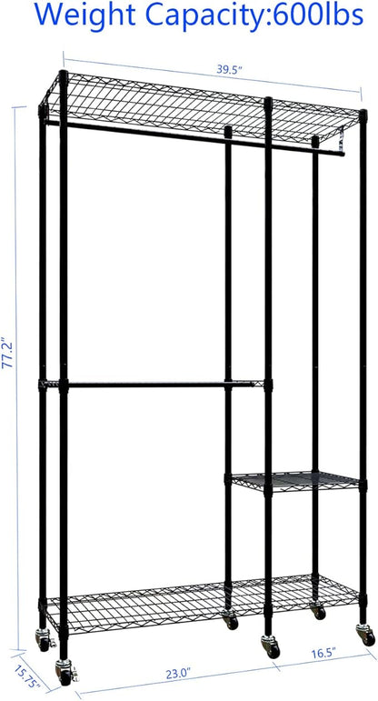 Portable Closets Heavy Duty Garment Rack Adjustable Rolling Clothes Rack with Lockable Wheels, Metal Wire Clothing Rack,Freestanding Open Wardrobe Closet Storage Rack,Max Load 600LBS, Black