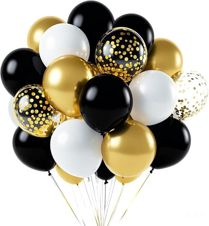 Black White Gold Confetti Balloons Garland Kit, 66Pcs 12 Inch Latex Party Balloons with Metallic Ribbons for Elegant Birthday Wedding Baby Shower Graduation Arch Decorations