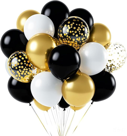 Black White Gold Confetti Balloons Garland Kit, 66Pcs 12 Inch Latex Party Balloons with Metallic Ribbons for Elegant Birthday Wedding Baby Shower Graduation Arch Decorations