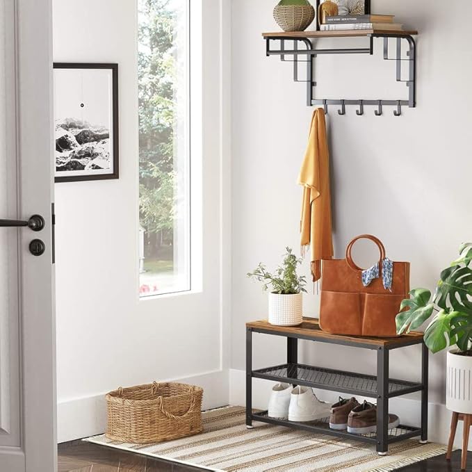 VASAGLE, 3-Tier Shoe Rack, Shelf Storage Bench with Metal Mesh Shelves and Seat, Free Standing Shoe Organizer for Entryway, 11.8 x 28.7 x 17.7 Inches, Rustic Brown and Black ULBS73X