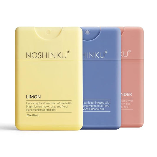 Noshinku - Refillable Hand Sanitizer Discovery Deux 3-Pack, Travel Size Spray, Hydrating Botanical Oils, Natural Ingredients, All Natural Fragrances, Sugarcane Derived Alcohol, No Parabens, No Dyes