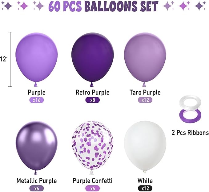 FunHot 60 Pcs Purple Balloons, 12 Inch Metallic Purple Confetti Balloons for Girls Women Birthday Wedding Bridal Baby Shower Party Decorations