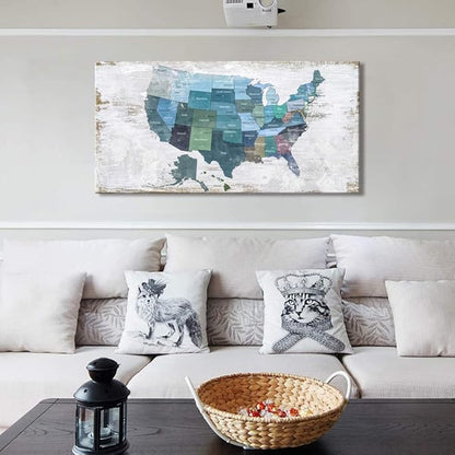Map of The United States Wall Decor Map Canvas Wall Art for Wall Decoration Wood Background USA Canvas Prints for Bedroom Office Kitchen Home Wall Decor Framed Artwork Ready to Hang24"x48"