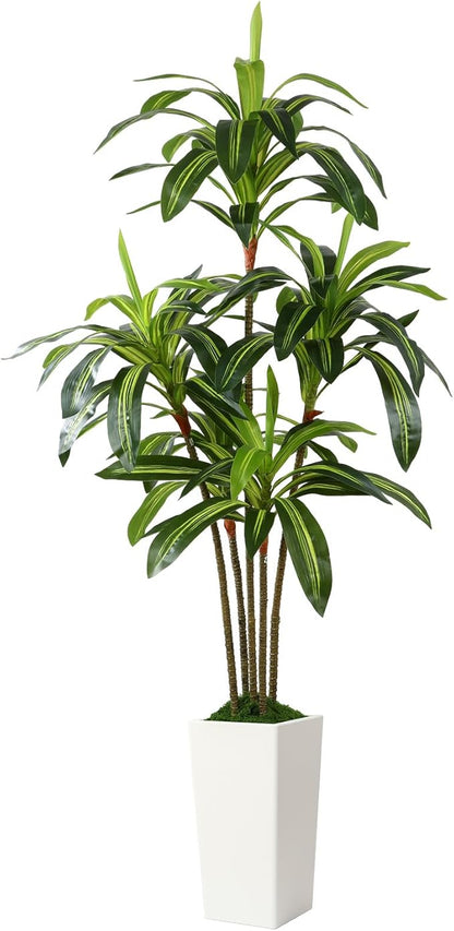 Artificial Dracaena Fake Tree 6FT, White High Pot Artificial Plants Indoor&Outdoor, Fake Plants for Office/Home/Living Room Potted Decoration, 6ft