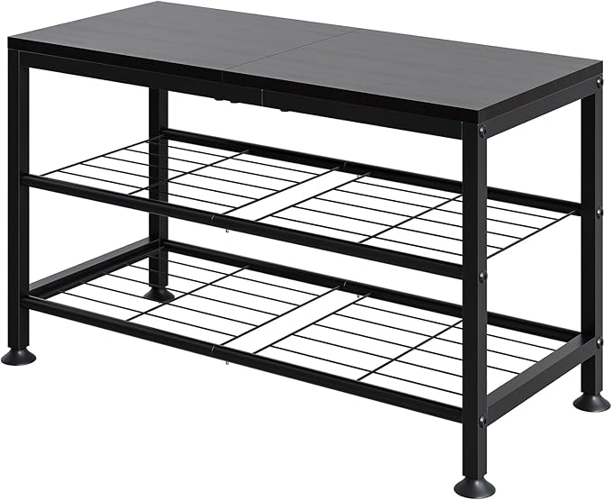 3-Tier Shoe Rack Bench - Entryway Organizer with Shoe Storage, Sturdy Shoe Shelf for Front Door, Small Space Saving Furniture, Black, 27.2" x 12.0" x 15.9"