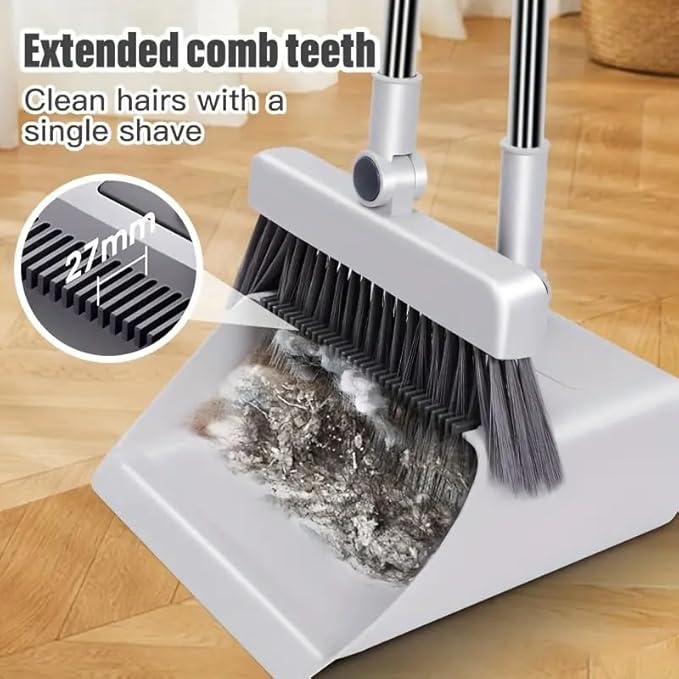 Broom with Dustpan Combo Set, 3 in 1 for Sweeping Indoor and Push Broom Outdoor with Dust Pan, 14.2 to 48.8 inch Adjustable Long Handle Broom and Dustpan Set (White)