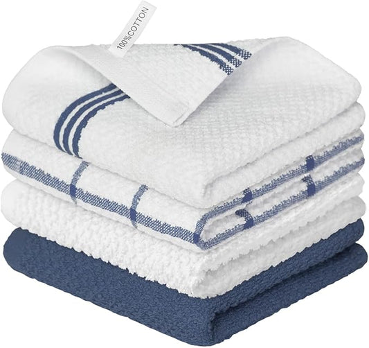 Artoid Mode Ring Spun Cotton Blue Dishcloth Kitchen Towels, 12x12 Inch Ultra Soft Absorbent Quick Drying Household Cleaning Kitchen Rags Set of 4