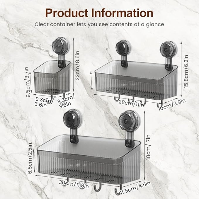 No-Drill Bathroom Suction Storage Box, Corrugated Suction Cup Wall Organizer, Removable Hanging Storage Basket with Strong Hold, Acrylic Shower Caddy for Bathroom (Grey M)