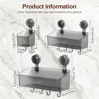 No-Drill Bathroom Suction Storage Box, Corrugated Suction Cup Wall Organizer, Removable Hanging Storage Basket with Strong Hold, Acrylic Shower Caddy for Bathroom (Grey M)