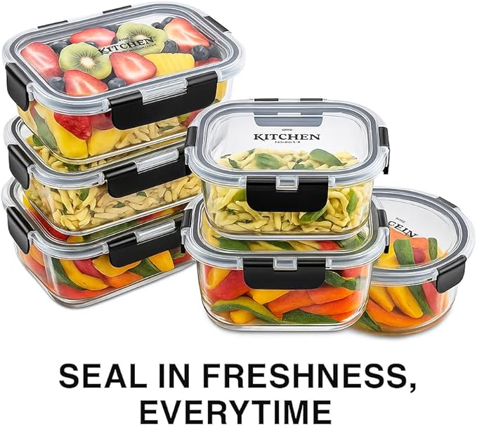 KITCHEN SHOPPE 24-Piece Glass Food Storage Containers with Hinged Lock Lids | Airtight Containers for Meal Prep, Lunch or Leftovers | Oven/Freezer & Dishwasher Safe | Glass Tupperware Set