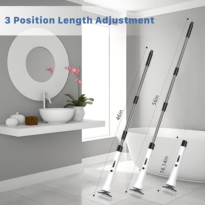 Electric Spin Scrubber, Hillyfe Bath Scrubber for Cleaning with 7 Replaceable Brush Heads, IPX7 Waterproof,300/400 RPM, 3 Adjustable Size,Cordless Shower Cleaner Brush for Bathroom Floor,White