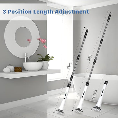 Electric Spin Scrubber, Hillyfe Bath Scrubber for Cleaning with 7 Replaceable Brush Heads, IPX7 Waterproof,300/400 RPM, 3 Adjustable Size,Cordless Shower Cleaner Brush for Bathroom Floor,White
