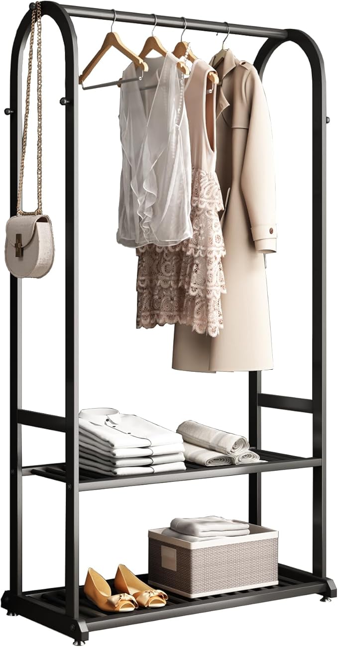 Heavy duty clothes rack,black Clothing rack,metal Garment rack with bottom shelves and 6 Side Hooks for Hanging Clothes, Coats, Shirts(L:31.5IN)