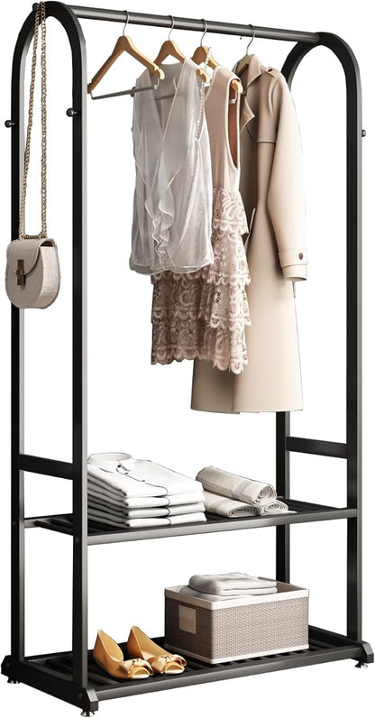 Heavy duty clothes rack,black Clothing rack,metal Garment rack with bottom shelves and 6 Side Hooks for Hanging Clothes, Coats, Shirts(L:31.5IN)