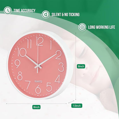 Wall Clock Non-Ticking Silent Modern Simple Style Round Decor Clock Stereoscopic Dial Quartz Wall Clocks for Home/Office/School/Living Room/Bedroom/Kitchen (Peach Pink, 8inch)