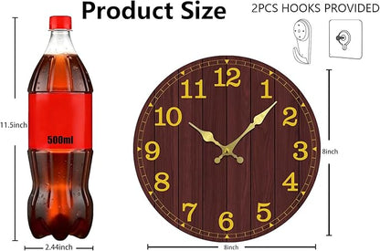 Wall Clock Battery Operated 8 Inch Brown Silent Non Ticking Country Rustic Design Vintage Retro Decorative for Bathroom Kitchen Bedroom