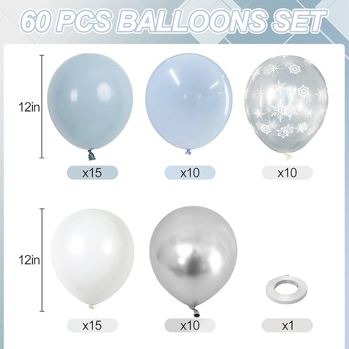 Blue White Balloons, 60 PCS 12 Inch Dusty Light Baby Blue White and Silver Balloon Snowflake Balloons for Winter Baby Boy Shower Decorations Bridal Shower Wedding Birthday Party