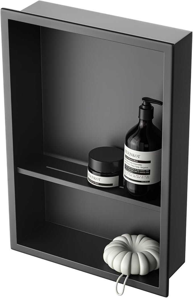 Stainless Steel Shower Niche 18" X 12" Matte Black No Tile Needed Niche for Shower Wall with Two-Tier Shelves Recessed Wall Niches for Bathroom Storage Over Mount Installation