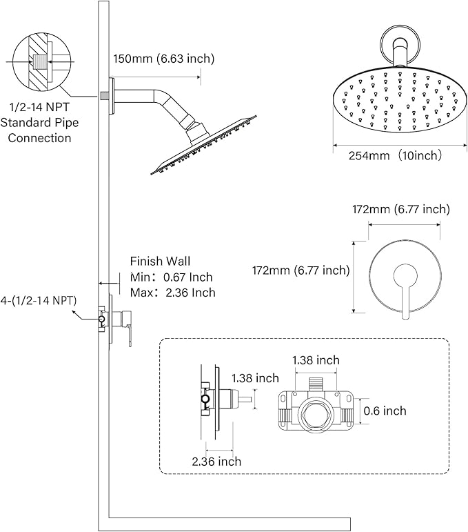 HUCKLE Shower Faucet Set with Shower Head, 10-Inch Black Shower Faucet with Valve, Single-Handle Rainfall Shower Trim Kit, Matte Black Shower Fixtures for Bathroom